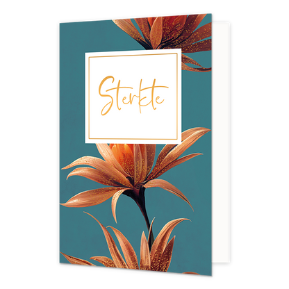 Sterkte - Formaat: Normaal - Vorm: Staand - Sterkte kaart - Op deze wenskaart is een oranje met goud kleurige bloem te zien op een blauwe achtergrond. In het midden zit een wit blok met de gouden tekst: "Sterkte". - Snelwenskaart