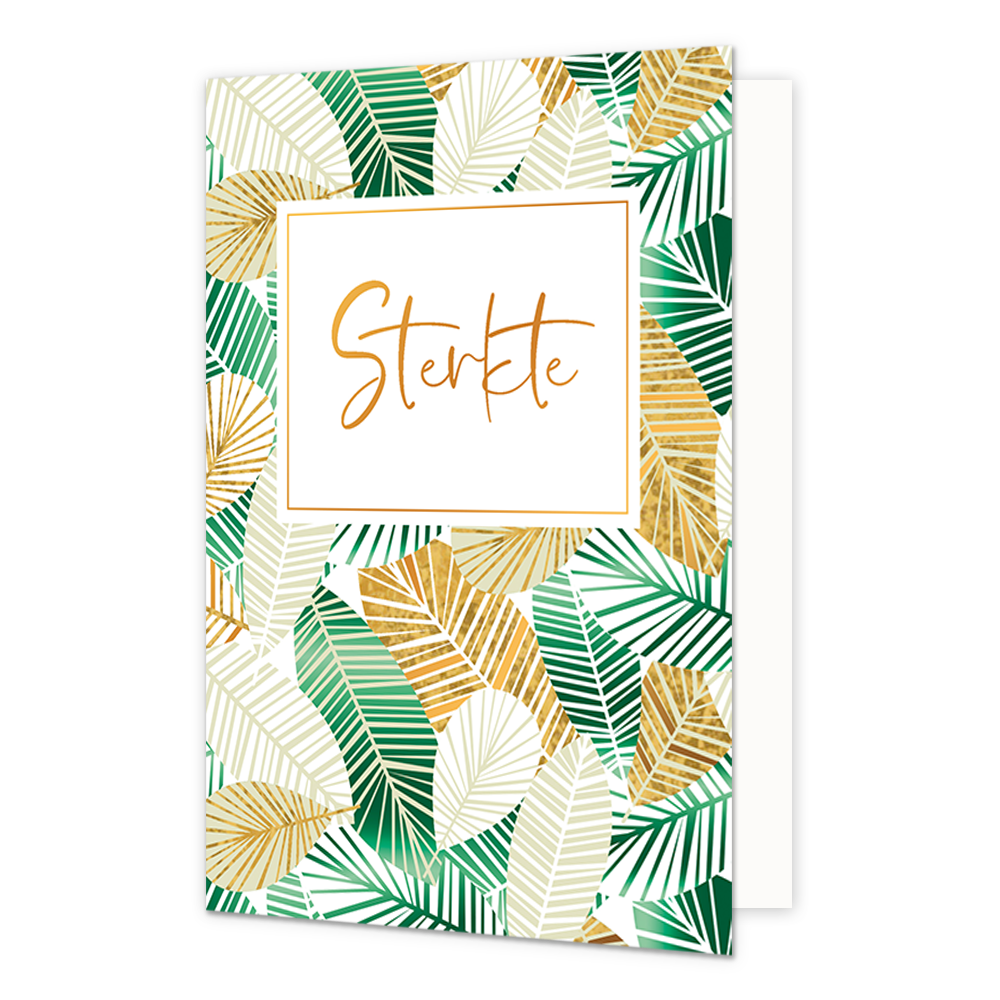 Sterkte - Formaat: Normaal - Vorm: Staand - Sterkte kaart - Op deze wenskaart zijn bladeren in de kleuren wit, goud en groen te zien. In het midden zit een wit blok met de gouden tekst: "Sterkte". - Snelwenskaart