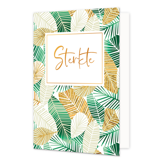 Sterkte - Formaat: Normaal - Vorm: Staand - Sterkte kaart - Op deze wenskaart zijn bladeren in de kleuren wit, goud en groen te zien. In het midden zit een wit blok met de gouden tekst: "Sterkte". - Snelwenskaart