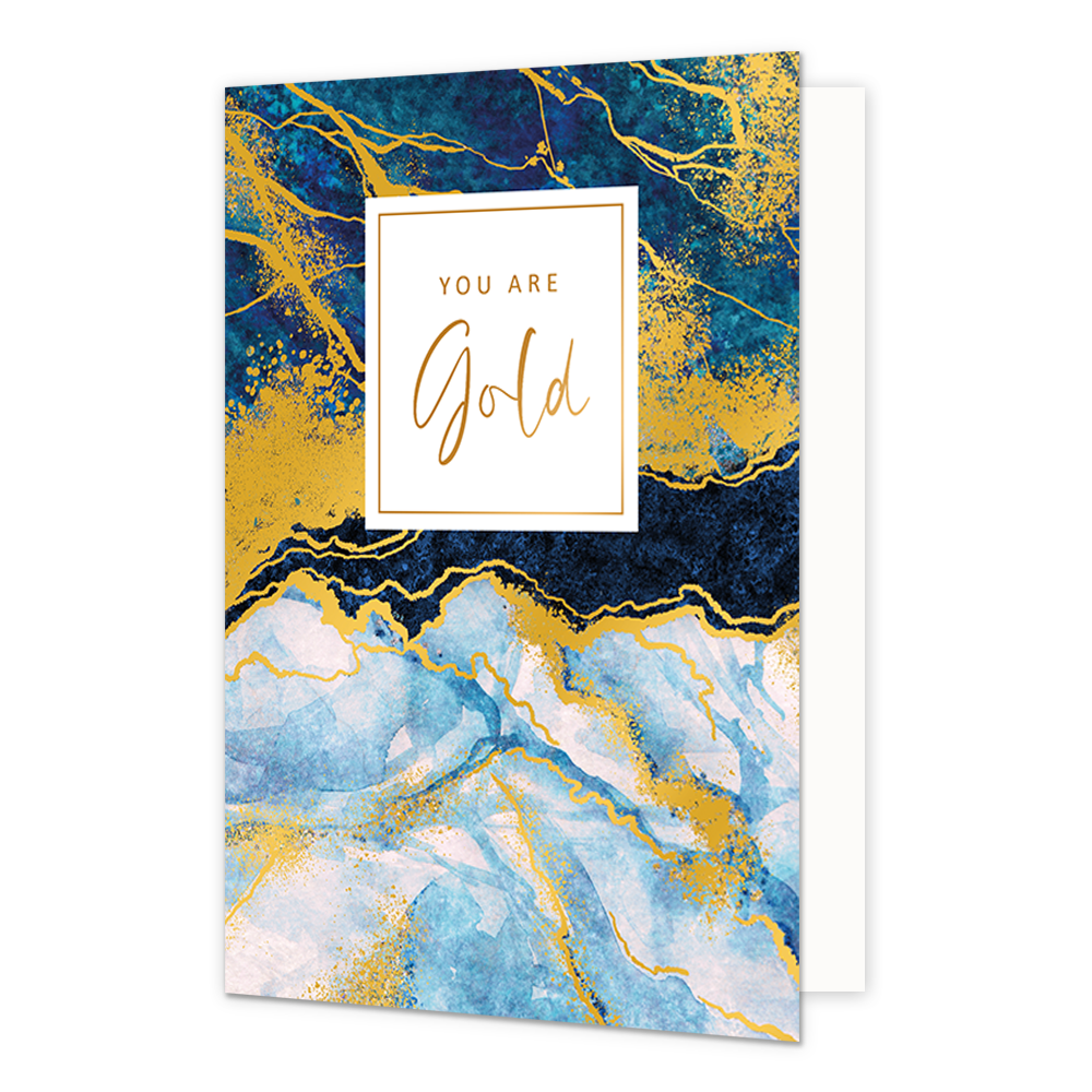 You are gold - Formaat: Standaard - Vorm: Staand - Complimentenkaart - Op deze artistieke wenskaart is een ontwerp te zien met de kleuren wit, blauw, goud en zwart. In het midden zit een wit blok met de gouden tekst: "You are gold". - Snelwenskaart