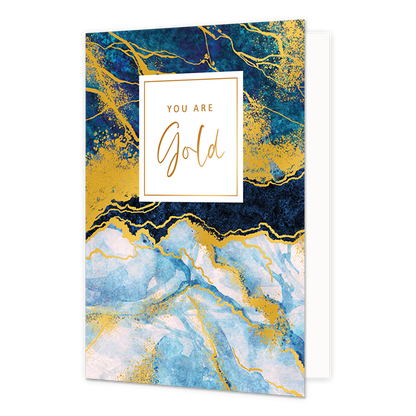 You are gold - Formaat: Standaard - Vorm: Staand - Complimentenkaart - Op deze artistieke wenskaart is een ontwerp te zien met de kleuren wit, blauw, goud en zwart. In het midden zit een wit blok met de gouden tekst: "You are gold". - Snelwenskaart