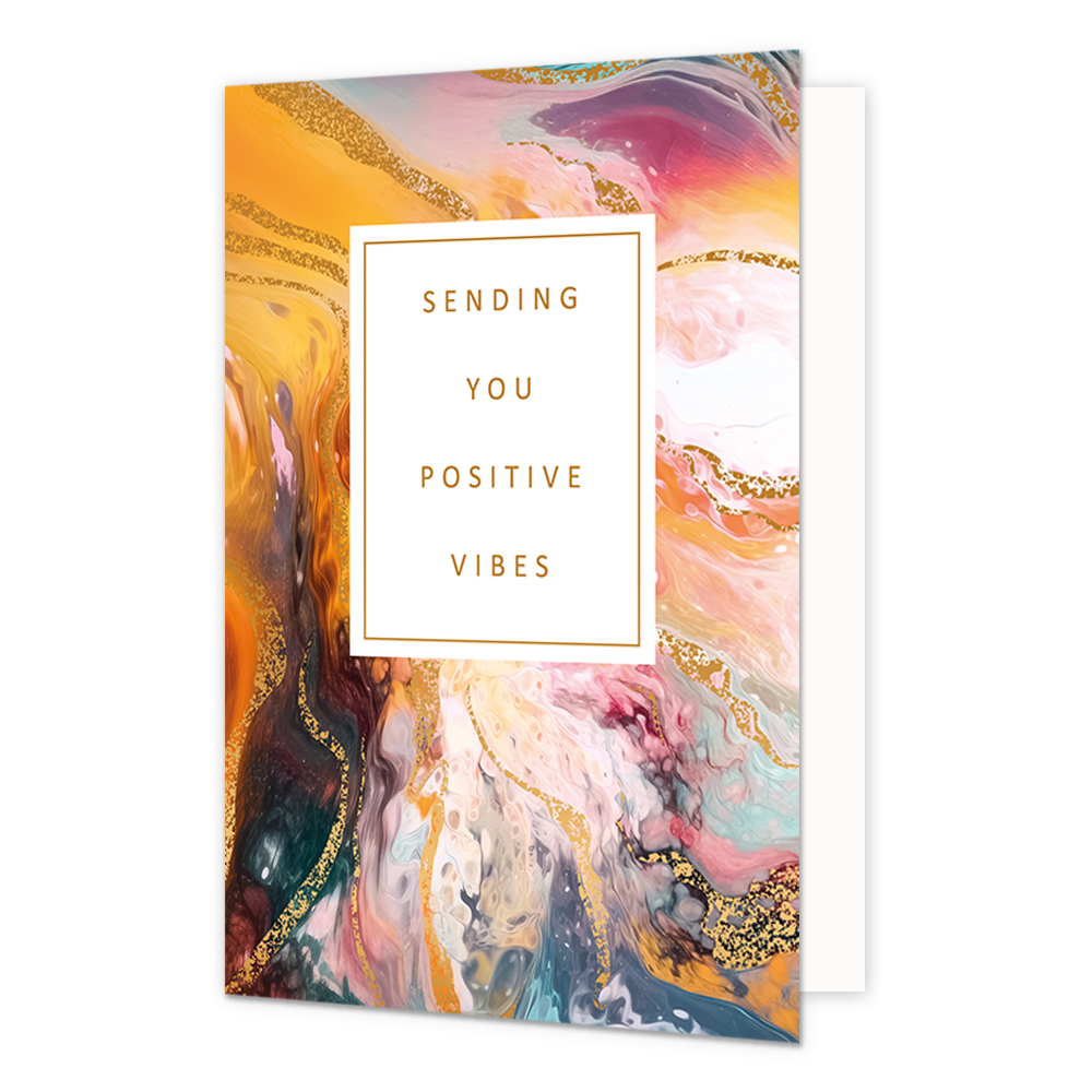Sending you positive vibes - Formaat: Normaal - Vorm: Staand - Succes kaart - Op deze artistieke wenskaart is een ontwerp te zien met de kleuren wit, oranje, goud, roze en blauw. In het midden zit een wit blok met de gouden tekst: "Sending you positive vibes". - Snelwenskaart