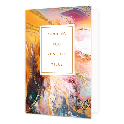 Sending you positive vibes - Formaat: Normaal - Vorm: Staand - Succes kaart - Op deze artistieke wenskaart is een ontwerp te zien met de kleuren wit, oranje, goud, roze en blauw. In het midden zit een wit blok met de gouden tekst: "Sending you positive vibes". - Snelwenskaart