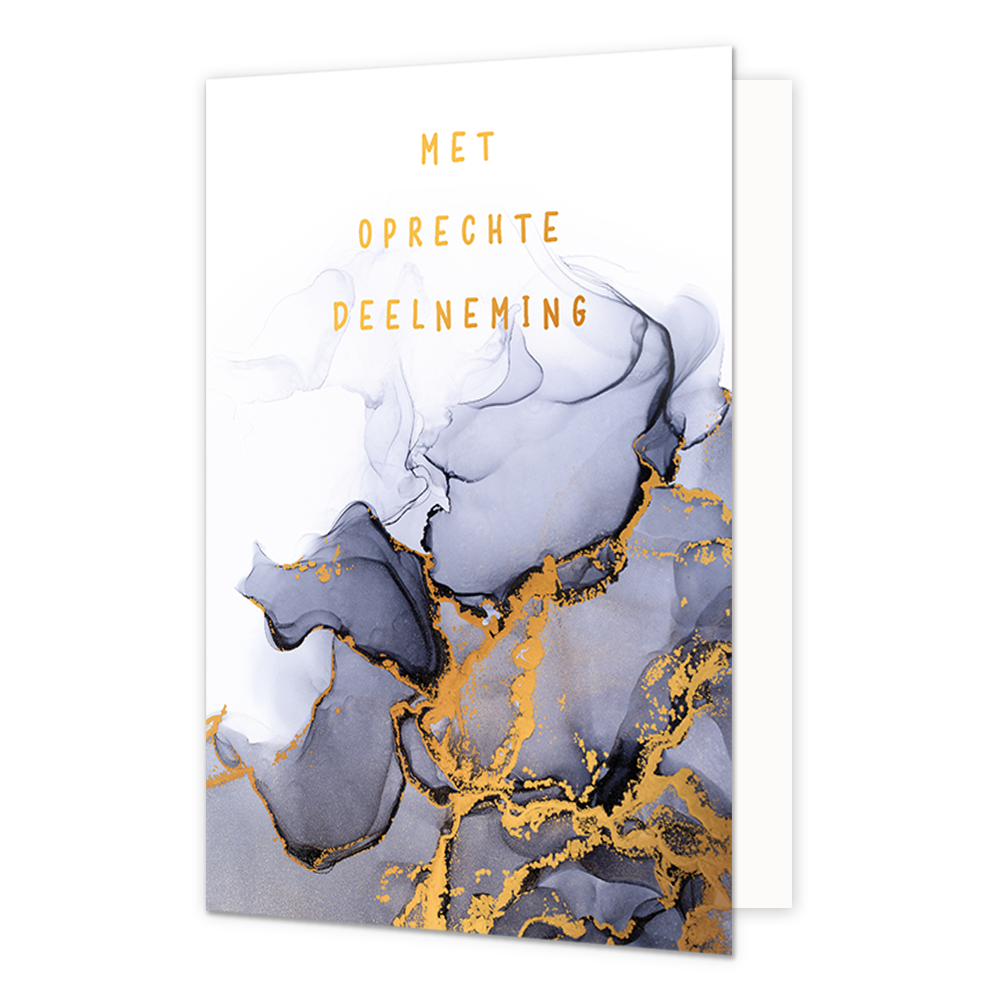 Met oprechte deelneming - Formaat: Standaard - Vorm: Staand - Condoleance kaart - Op deze artistieke wenskaart is een ontwerp te zien met de kleuren wit, grijs, zwart en goud. Oven aan de kaart, in het witte gedeelte, staat de tekst: "Met oprechte deelneming" geschreven in het goud. - Snelwenskaart