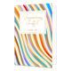 Verjaardags knuffel voor jou - Formaat: Standaard - Vorm: Staand - Verjaardagskaart - Op deze wenskaart zie je de kleuren goud, blauw, paars, rood en oranje in golfende lijnen. Middenbovenaan is een wit vak met de gouden tekst 'verjaardags knuffel voor jou'. - Snelwenskaart