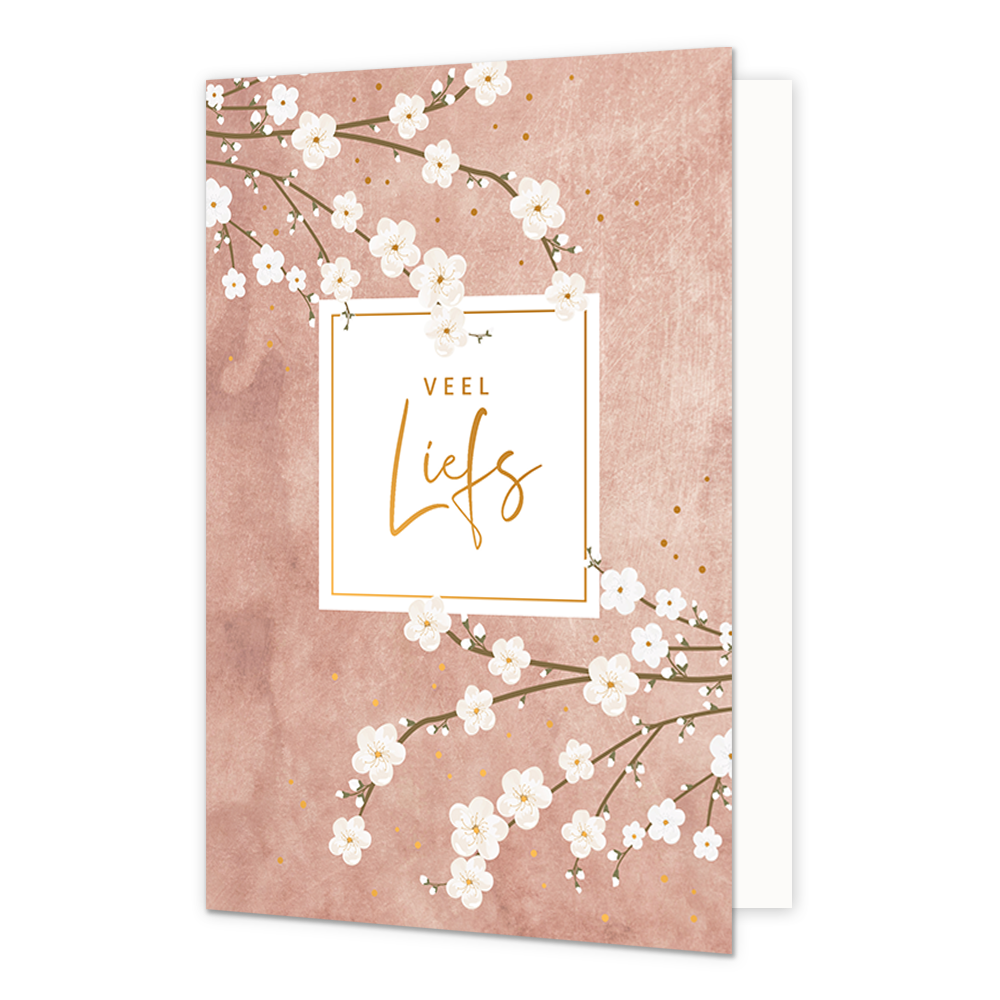 Veel liefs - Formaat: Normaal - Vorm: Staand - Denken aan kaart - Op deze wenskaart staan witte Sakura bloemen op een lichtroze achtergrond. - Snelwenskaart