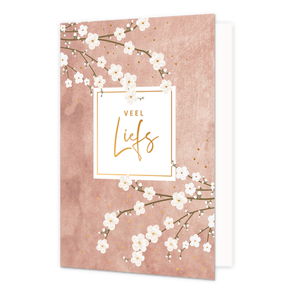 Veel liefs - Formaat: Normaal - Vorm: Staand - Denken aan kaart - Op deze wenskaart staan witte Sakura bloemen op een lichtroze achtergrond. - Snelwenskaart