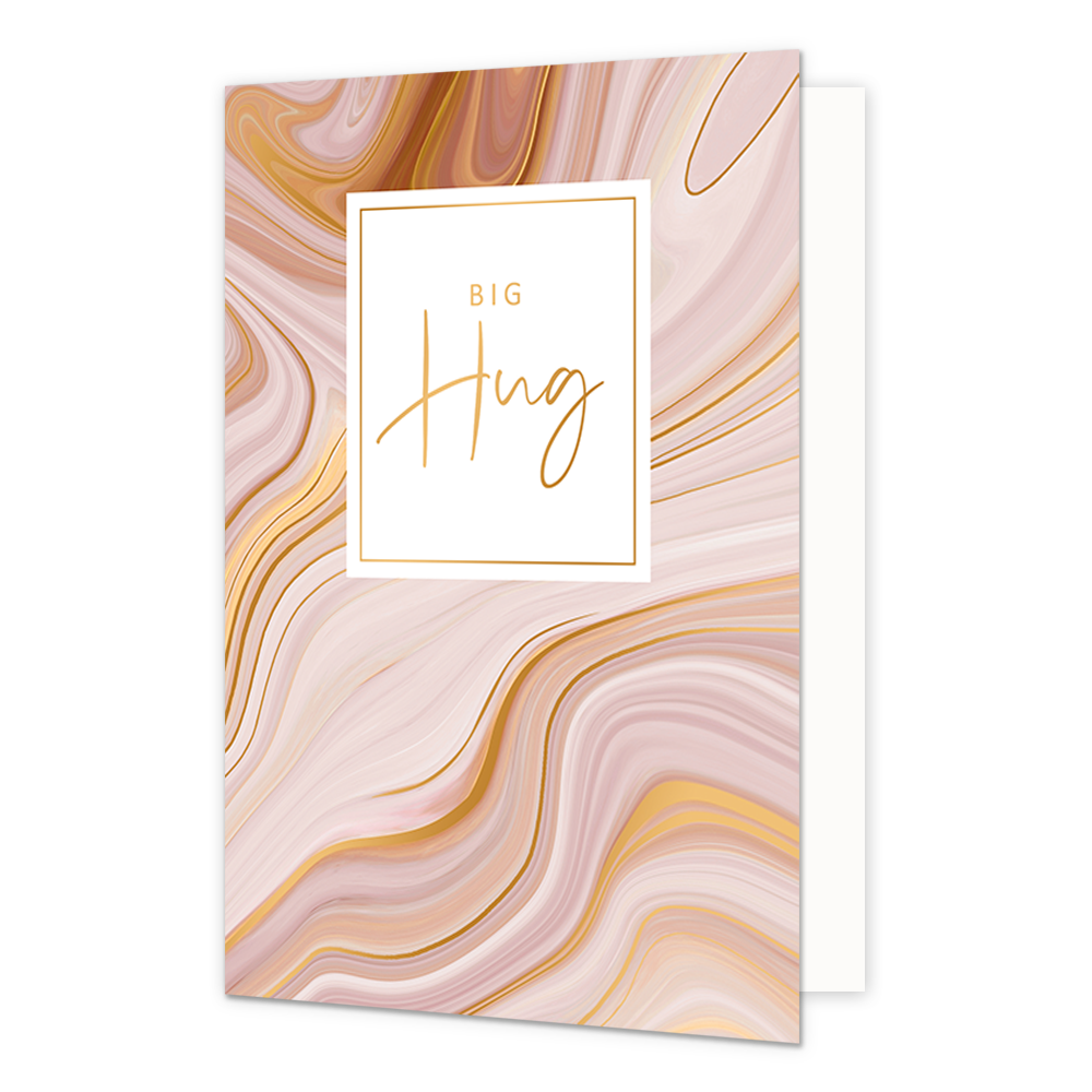 Big hug - Formaat: Normaal - Vorm: Staand - Denken aan kaart - Op deze artistieke wenskaart staat een ontwerp met de kleuren beige, bruin, roze en goud, met in het midden een wit vlak met de tekst: "Big hug". - Snelwenskaart