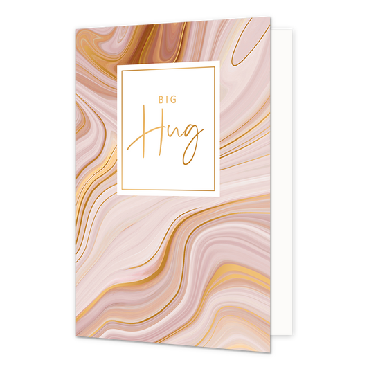 Big hug - Formaat: Normaal - Vorm: Staand - Denken aan kaart - Op deze artistieke wenskaart staat een ontwerp met de kleuren beige, bruin, roze en goud, met in het midden een wit vlak met de tekst: "Big hug". - Snelwenskaart