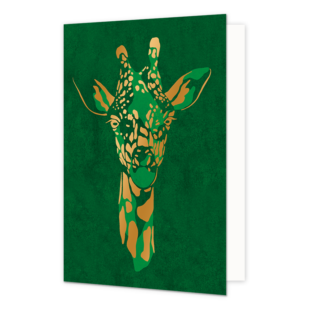Gold Rush giraffe - Formaat: Standaard - Vorm: Staand - Blanco kaart - Op deze wenskaart is een gouden giraffe te zien met een groene achtergrond. - Snelwenskaart