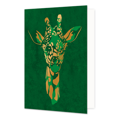 Gold Rush giraffe - Formaat: Standaard - Vorm: Staand - Blanco kaart - Op deze wenskaart is een gouden giraffe te zien met een groene achtergrond. - Snelwenskaart