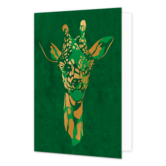 Gold Rush giraffe - Formaat: Normaal - Vorm: Staand - Blanco kaart - Op deze wenskaart is een gouden giraffe te zien met een groene achtergrond. - Snelwenskaart