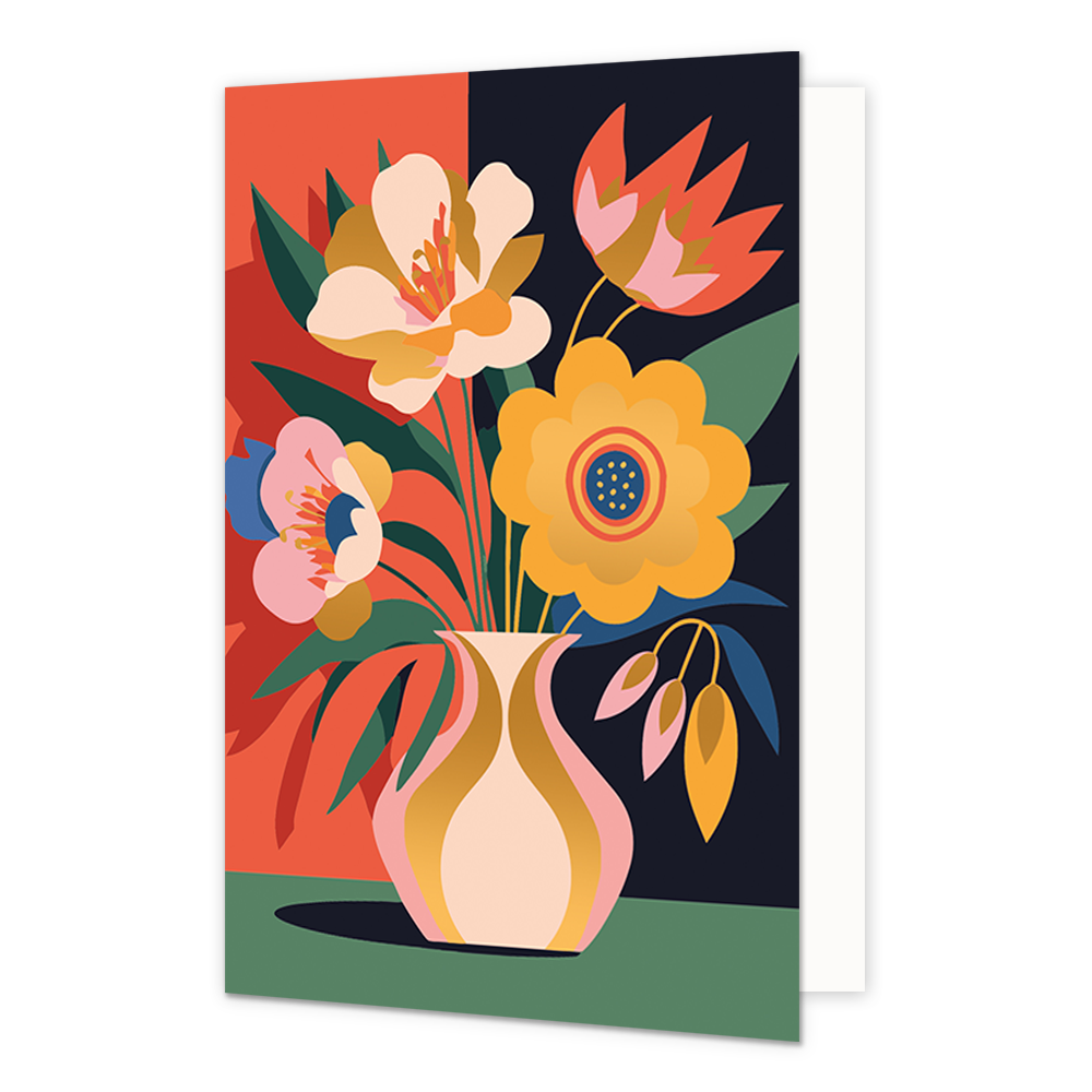 Gold Rush bloemenvaas - Formaat: Normaal - Vorm: Staand - Blanco kaart - Op deze wenskaart is een bloemenvaas te zien met de kleuren goud, roze, wit, groen, zwart en rood. - Snelwenskaart
