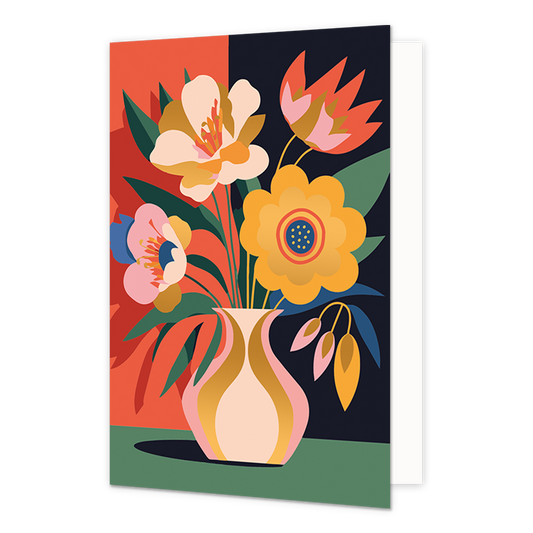 Gold Rush bloemenvaas - Formaat: Normaal - Vorm: Staand - Blanco kaart - Op deze wenskaart is een bloemenvaas te zien met de kleuren goud, roze, wit, groen, zwart en rood. - Snelwenskaart