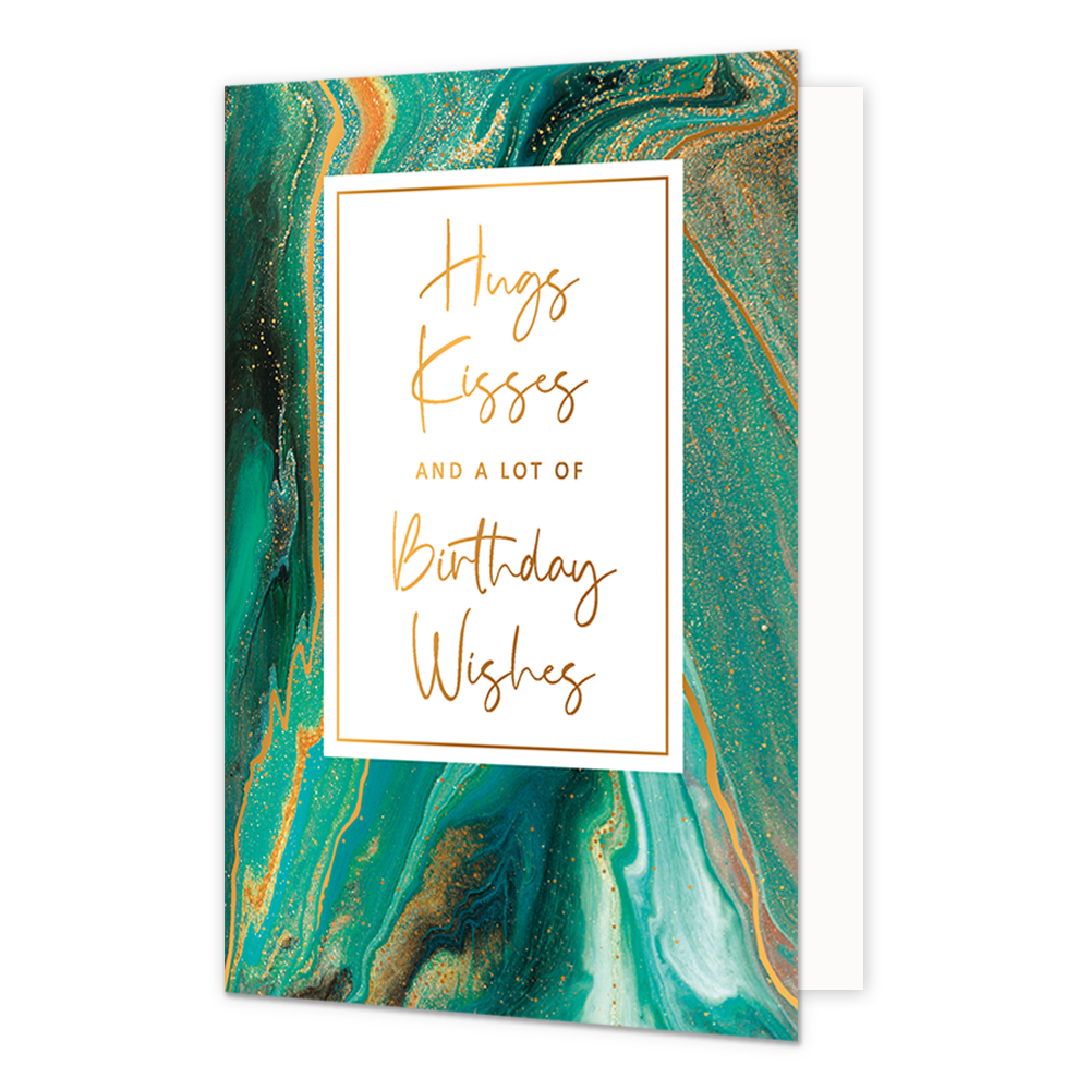Hug kisses and a lot of birthday wishes - Formaat: Normaal - Vorm: Staand - Verjaardagskaart - Op deze artistieke wenskaart staat een ontwerp met de kleuren groen, wit en goud. In het midden staan een wit vlak met de tekst: "Hugs kisses and a lot of birthday wishes". - Snelwenskaart