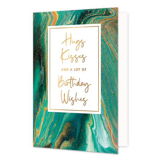 Hug kisses and a lot of birthday wishes - Formaat: Normaal - Vorm: Staand - Verjaardagskaart - Op deze artistieke wenskaart staat een ontwerp met de kleuren groen, wit en goud. In het midden staan een wit vlak met de tekst: "Hugs kisses and a lot of birthday wishes". - Snelwenskaart