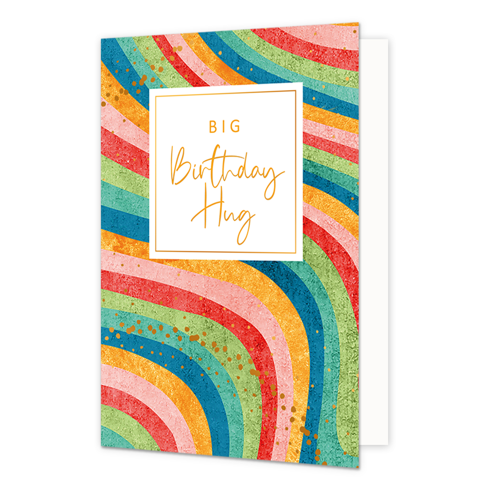 Big birthday hug - Formaat: Normaal - Vorm: Staand - Verjaardagskaart - Op deze wenskaart zijn lijnen in de kleuren van de regenboog te zien. In het midden zit een wit blok met de gouden tekst: "Big birthday hug". - Snelwenskaart