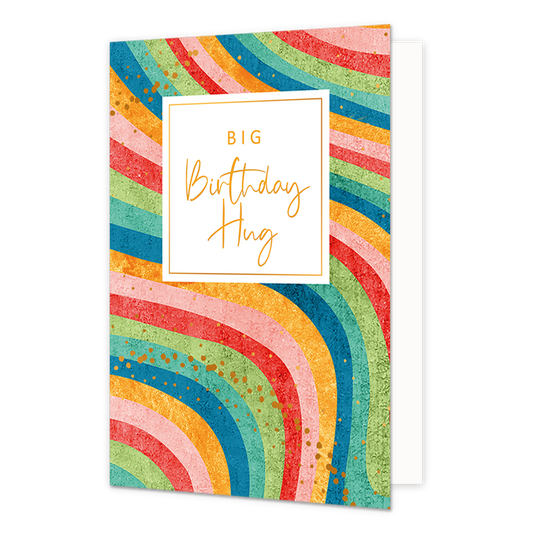 Big birthday hug - Formaat: Normaal - Vorm: Staand - Verjaardagskaart - Op deze wenskaart zijn lijnen in de kleuren van de regenboog te zien. In het midden zit een wit blok met de gouden tekst: "Big birthday hug". - Snelwenskaart