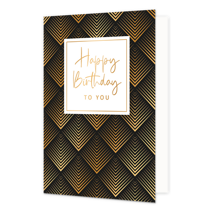 Happy birthday to you - Formaat: Normaal - Vorm: Staand - Verjaardagskaart - Op deze wenskaart zijn lijnen in de vorm van kubussen te zien in de kleuren goud en zwart. In het midden zit een wit blok met de gouden tekst: "Happy birthday to you". - Snelwenskaart