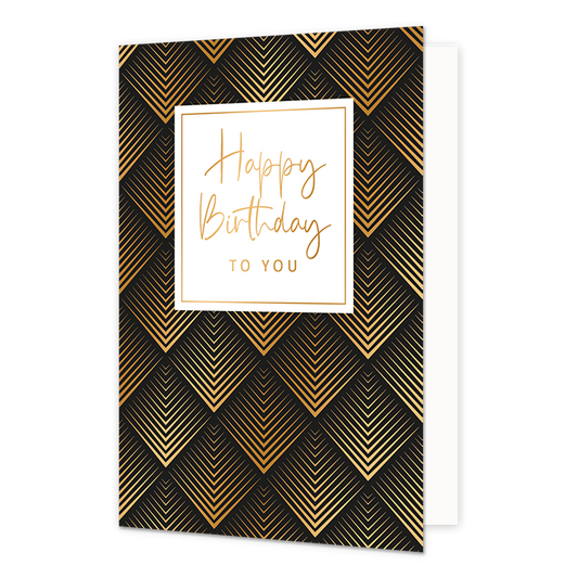 Happy birthday to you - Formaat: Normaal - Vorm: Staand - Verjaardagskaart - Op deze wenskaart zijn lijnen in de vorm van kubussen te zien in de kleuren goud en zwart. In het midden zit een wit blok met de gouden tekst: "Happy birthday to you". - Snelwenskaart