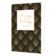 Happy birthday to you - Formaat: Normaal - Vorm: Staand - Verjaardagskaart - Op deze wenskaart zijn lijnen in de vorm van kubussen te zien in de kleuren goud en zwart. In het midden zit een wit blok met de gouden tekst: "Happy birthday to you". - Snelwenskaart
