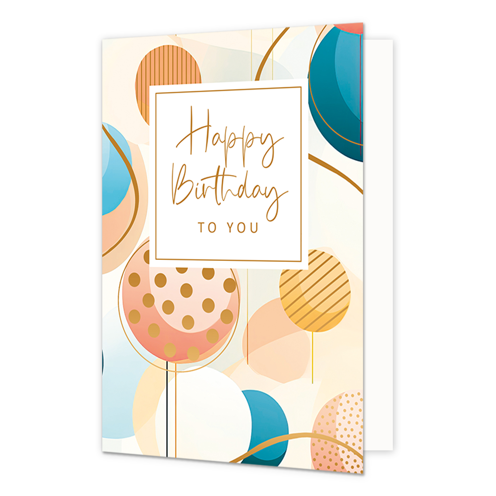 Happy birthday to you - Formaat: Normaal - Vorm: Staand - Verjaardagskaart - Op deze wenskaart zijn cirkels, lijnen en stippen te zien in de kleuren goud, blauw, roze en wit. In het midden zit een wit blok met de gouden tekst: "Happy birthday to you". - Snelwenskaart