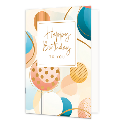 Happy birthday to you - Formaat: Normaal - Vorm: Staand - Verjaardagskaart - Op deze wenskaart zijn cirkels, lijnen en stippen te zien in de kleuren goud, blauw, roze en wit. In het midden zit een wit blok met de gouden tekst: "Happy birthday to you". - Snelwenskaart