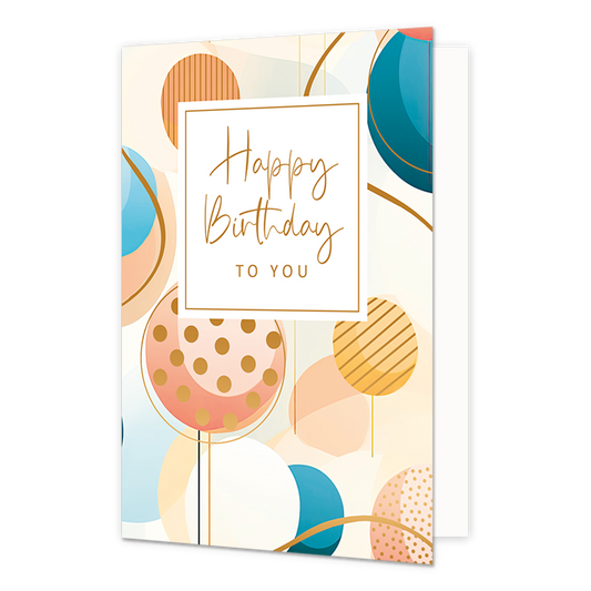 Happy birthday to you - Formaat: Normaal - Vorm: Staand - Verjaardagskaart - Op deze wenskaart zijn cirkels, lijnen en stippen te zien in de kleuren goud, blauw, roze en wit. In het midden zit een wit blok met de gouden tekst: "Happy birthday to you". - Snelwenskaart