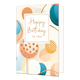 Happy birthday to you - Formaat: Normaal - Vorm: Staand - Verjaardagskaart - Op deze wenskaart zijn cirkels, lijnen en stippen te zien in de kleuren goud, blauw, roze en wit. In het midden zit een wit blok met de gouden tekst: "Happy birthday to you". - Snelwenskaart