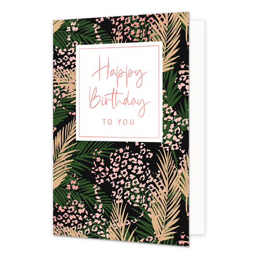 Happy birthday to you - Formaat: Normaal - Vorm: Staand - Verjaardagskaart - Op deze wenskaart zijn bladeren in groen en goud te zien met lichtroze vlekken die bloemen voorstellen. In het midden zit een wit blok met de gouden tekst: "Happy birthday to you". - Snelwenskaart