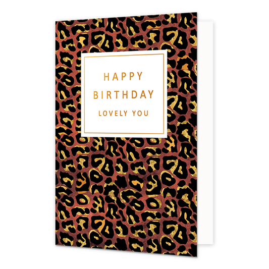 Happy Birthday lovely you - Formaat: Normaal - Vorm: Staand - Verjaardagskaart - Op deze artistieke wenskaart is een ontwerp te zien in de kleuren bordeauxrood, beige, wit, goud en grijs. In het midden zit een wit blok met de gouden tekst: "Happy birthday lovely you". - Snelwenskaart