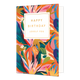Happy Birthday lovely you - Formaat: Standaard - Vorm: Staand - Verjaardagskaart - Op deze artistieke wenskaart is een ontwerp te zien waarbij abstrakte bladeren te zien zijn in de kleuren rood, roze, wit, goud, blauw, groen en oranje. In het midden zit een wit blok met de gouden tekst: "Happy birthday lovely you". - Snelwenskaart