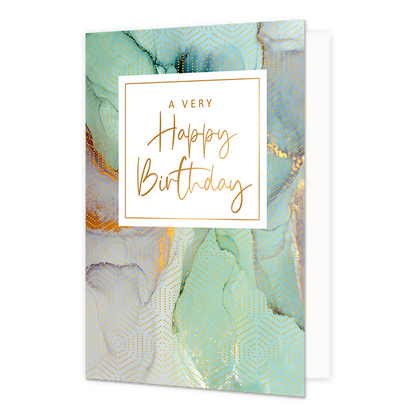 A very happy birthday - Formaat: Normaal - Vorm: Staand - Verjaardagskaart - Op deze artistieke wenskaart is een ontwerp te zien gouden stippen op een achtergrond met de kleuren mint groen en lila. In het midden zit een wit blok met de gouden tekst: "A very happy birthday". - Snelwenskaart