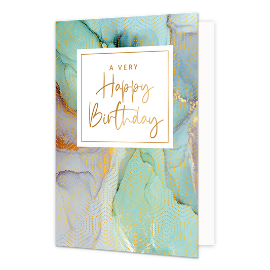 A very happy birthday - Formaat: Normaal - Vorm: Staand - Verjaardagskaart - Op deze artistieke wenskaart is een ontwerp te zien gouden stippen op een achtergrond met de kleuren mint groen en lila. In het midden zit een wit blok met de gouden tekst: "A very happy birthday". - Snelwenskaart