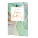 A very happy birthday - Formaat: Standaard - Vorm: Staand - Verjaardagskaart - Op deze artistieke wenskaart is een ontwerp te zien gouden stippen op een achtergrond met de kleuren mint groen en lila. In het midden zit een wit blok met de gouden tekst: "A very happy birthday". - Snelwenskaart