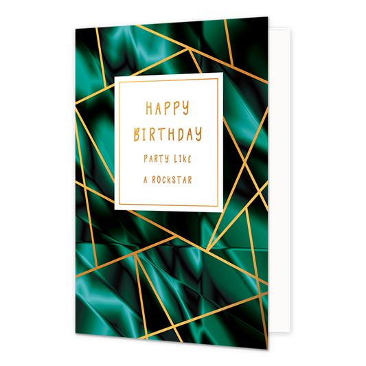 Happy birthday party like a rockstar - Formaat: Normaal - Vorm: Staand - Verjaardagskaart - Op deze wenskaart is een ontwerp te zien met gouden lijnen op een donkergroene achtergrond. In het midden zit een wit blok met de gouden tekst: "Happy birthday party like a rockstar". - Snelwenskaart