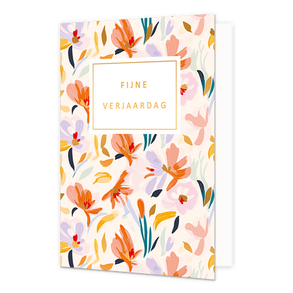 Fijne verjaardag - Formaat: Normaal - Vorm: Staand - Verjaardagskaart - Op deze wenskaart zijn bloemen te zien in de kleuren roze, lila, oranje en goud met mint en turquoise kleurige stengels. In het midden zit een wit blok met de gouden tekst: " - Snelwenskaart