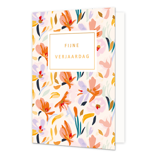 Fijne verjaardag - Formaat: Normaal - Vorm: Staand - Verjaardagskaart - Op deze wenskaart zijn bloemen te zien in de kleuren roze, lila, oranje en goud met mint en turquoise kleurige stengels. In het midden zit een wit blok met de gouden tekst: " - Snelwenskaart