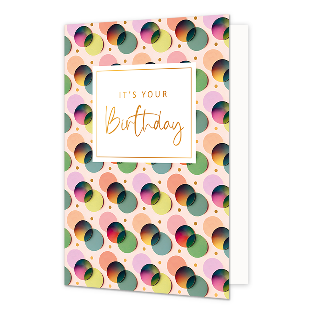 It's your birthday - Formaat: Normaal - Vorm: Staand - Verjaardagskaart - Op deze wenskaart zijn stippen te zien in de kleuren lila, orangje, groen, blauw en rood. In het midden zit een wit blok met de gouden tekst: "It's your birthday". - Snelwenskaart