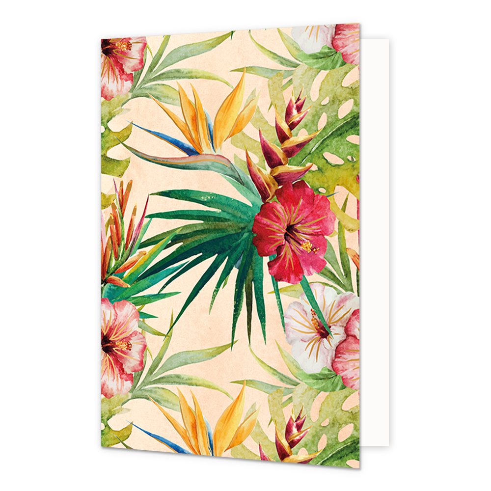 Bloemen - Formaat: Standaard - Vorm: Staand - Blanco kaart - Op deze wenskaart zijn bloemen in de kleuren rood, roze en wit te zien, met groene en gele bladeren, op een beige achtergrond. - Snelwenskaart
