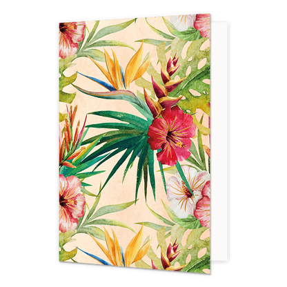 Bloemen - Formaat: Standaard - Vorm: Staand - Blanco kaart - Op deze wenskaart zijn bloemen in de kleuren rood, roze en wit te zien, met groene en gele bladeren, op een beige achtergrond. - Snelwenskaart