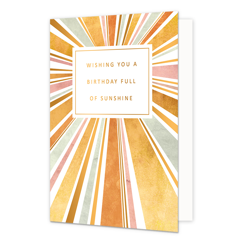 Wishing you a birthday full of sunshine - Formaat: Normaal - Vorm: Staand - Verjaardagskaart - Op deze wenskaart zijn lijnen zichtbaar in de kleuren goud, oranje, wit, roze en mintgroen die lijken op zonnenstralen. In het midden zit een wit blok met de gouden tekst: "Wishing you a birthday full of sunshine". - Snelwenskaart