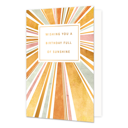 Wishing you a birthday full of sunshine - Formaat: Normaal - Vorm: Staand - Verjaardagskaart - Op deze wenskaart zijn lijnen zichtbaar in de kleuren goud, oranje, wit, roze en mintgroen die lijken op zonnenstralen. In het midden zit een wit blok met de gouden tekst: "Wishing you a birthday full of sunshine". - Snelwenskaart