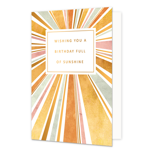 Wishing you a birthday full of sunshine - Formaat: Normaal - Vorm: Staand - Verjaardagskaart - Op deze wenskaart zijn lijnen zichtbaar in de kleuren goud, oranje, wit, roze en mintgroen die lijken op zonnenstralen. In het midden zit een wit blok met de gouden tekst: "Wishing you a birthday full of sunshine". - Snelwenskaart