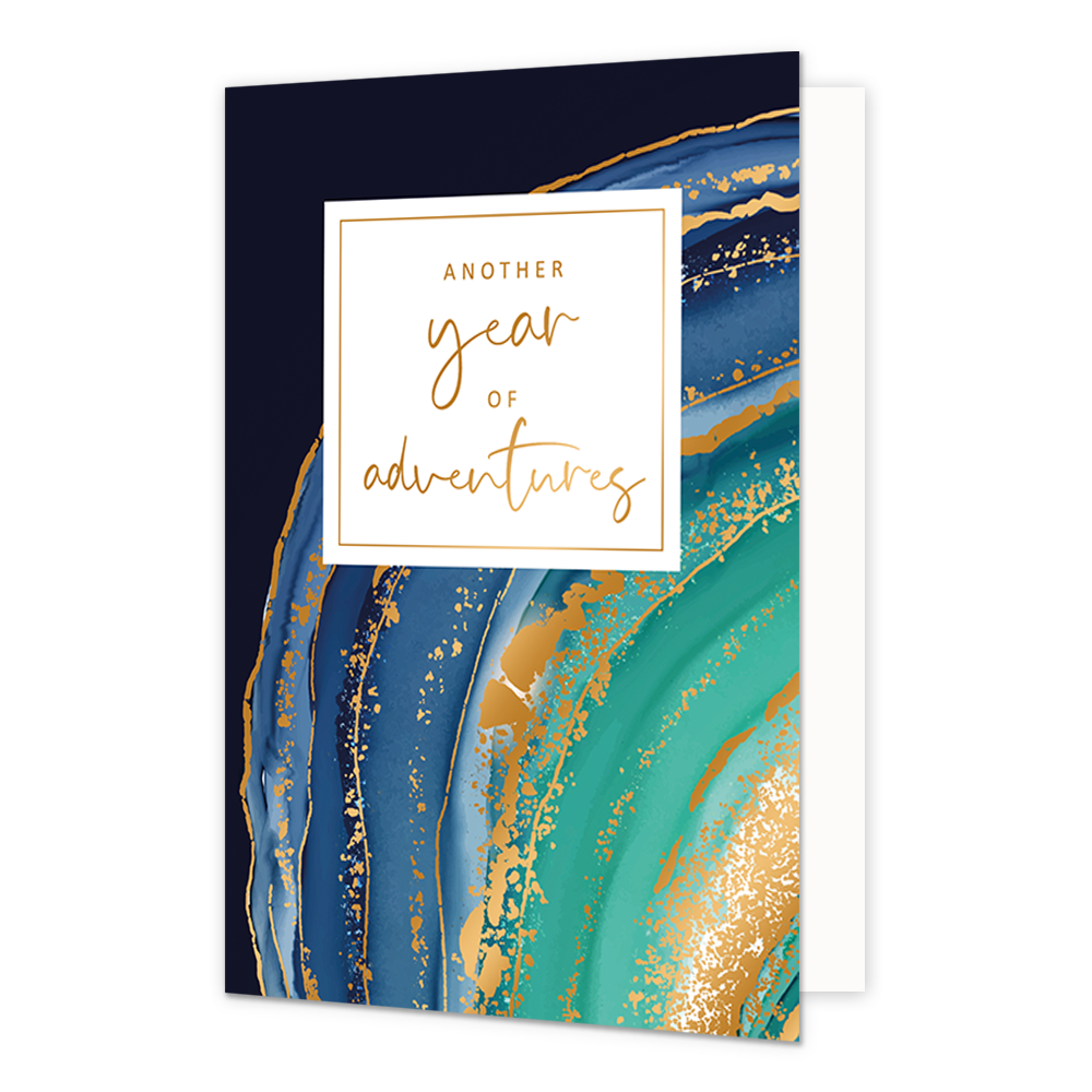Another year of adventures - Formaat: Normaal - Vorm: Staand - Verjaardagskaart - Op deze wenskaart is een ontwerp te zien met de kleuren blauw, groen en goud. In het midden zit een wit blok met de gouden tekst: "Another year of adventures". - Snelwenskaart