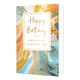 Happy birthday - Formaat: Standaard - Vorm: Staand - Verjaardagskaart - Op deze wenskaart staat een abstracte achtergrond van vloeiende marmerpatronen in levendige tinten zoals turquoise, blauw, goudgeel en oranje. De organische vormen en kleurovergangen geven de kaart een dynamische en artistieke uitstraling. In het midden bevindt zich een groot wit rechthoekig kader met een gouden rand waarin de tekst "Happy Birthday" in een elegant, goudkleurig sierlettertype staat. Daaronder staat in strakke gouden blo