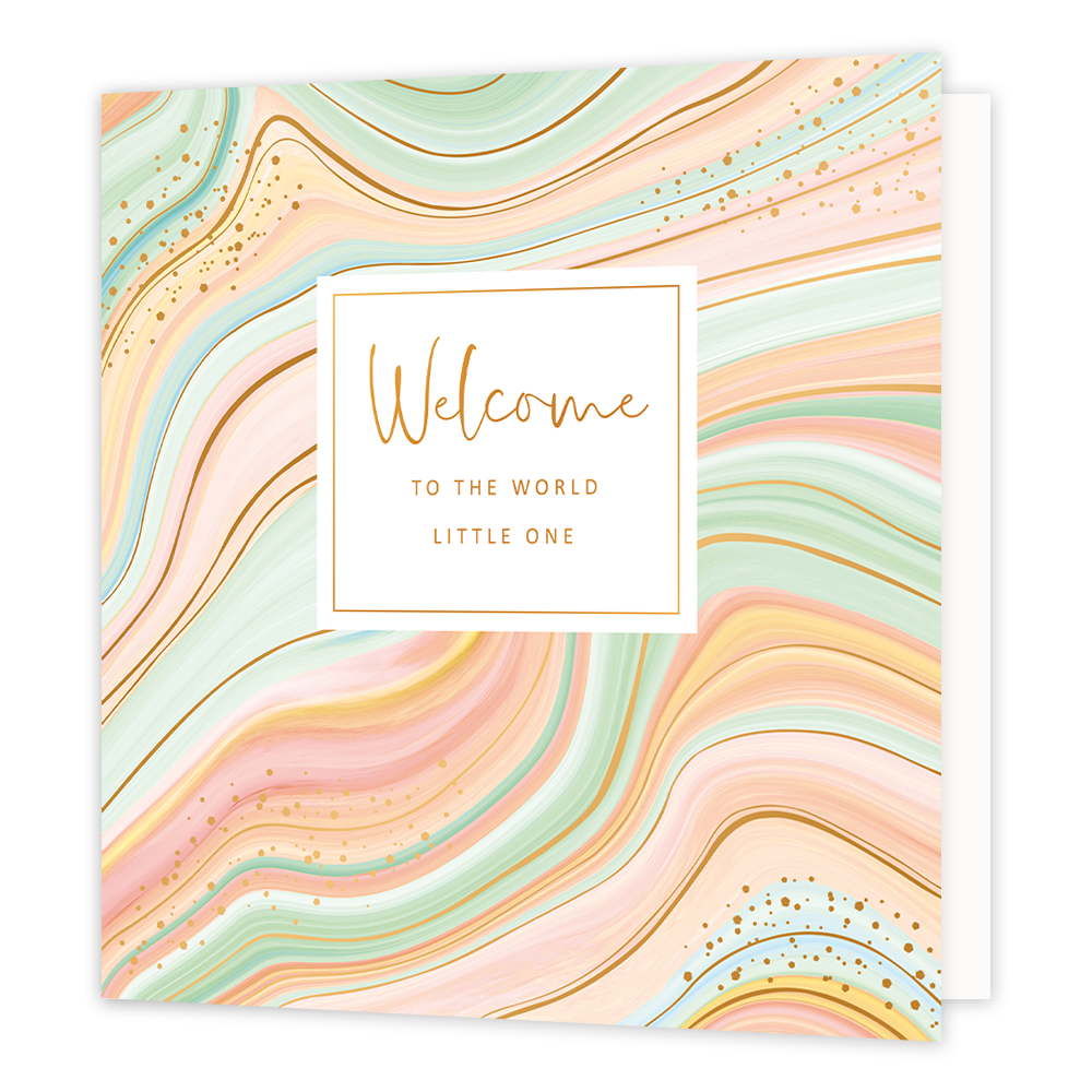 XL - Welcome to the world little one - Formaat: Groot - Vorm: Vierkant - Geboortekaart - Op deze wenskaart zijn kronkelende lijnen te zien in de kleuren goud, mintgroen, rozen en geel. In het midden zit een wit blok met de gouden tekst: "Welcome to the world little one". - Snelwenskaart
