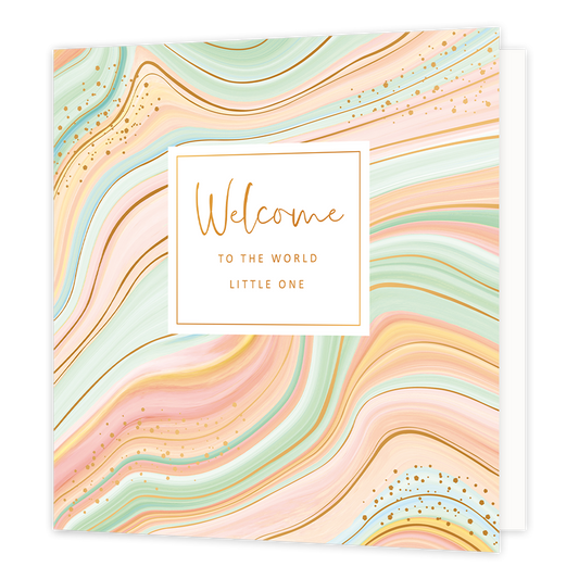 XL - Welcome to the world little one - Formaat: Groot - Vorm: Vierkant - Geboortekaart - Op deze wenskaart zijn kronkelende lijnen te zien in de kleuren goud, mintgroen, rozen en geel. In het midden zit een wit blok met de gouden tekst: "Welcome to the world little one". - Snelwenskaart