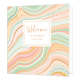 XL - Welcome to the world little one - Formaat: Groot - Vorm: Vierkant - Geboortekaart - Op deze wenskaart zijn kronkelende lijnen te zien in de kleuren goud, mintgroen, rozen en geel. In het midden zit een wit blok met de gouden tekst: "Welcome to the world little one". - Snelwenskaart