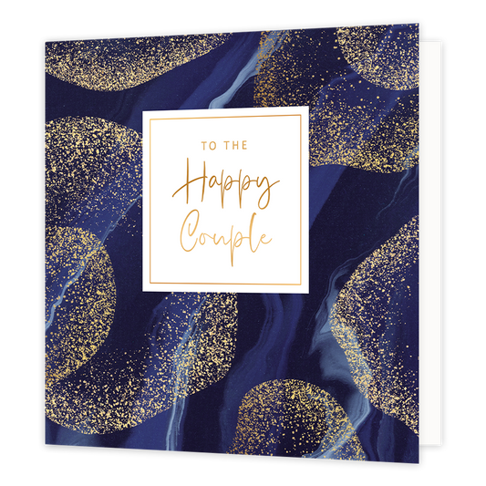 XL - To the happy couple - Formaat: Groot - Vorm: Vierkant - Huwelijkskaart - Op deze artistieke wenskaart is een ontwerp te zien met gouden stippen in ronde vormen, op een donkerblauwe achtergrond met grijze lijnen. In het midden zit een wit blok met de gouden tekst: "To the happy couple". - Snelwenskaart